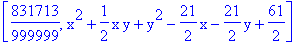 [831713/999999, x^2+1/2*x*y+y^2-21/2*x-21/2*y+61/2]